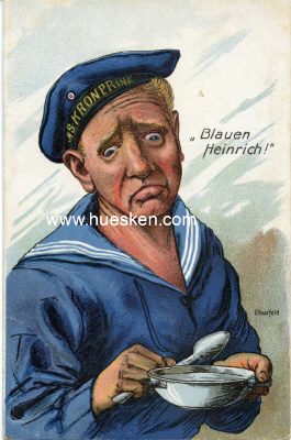 KÜNSTLER-HUMOR-POSTKARTE mit Karikatur 'Blauen...