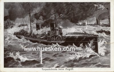 KÜNSTLER-POSTKARTE 'Torpedoboote beim Angriff' nach...