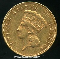 3 DOLLARS 1874 LIBERTY HEAD WITH FEATHER HEAD-DRESS